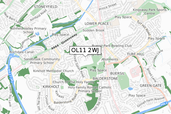 OL11 2WJ map - small scale - OS Open Zoomstack (Ordnance Survey)