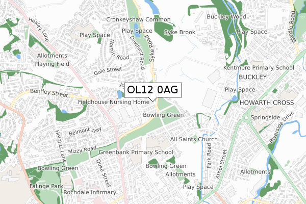 OL12 0AG map - small scale - OS Open Zoomstack (Ordnance Survey)