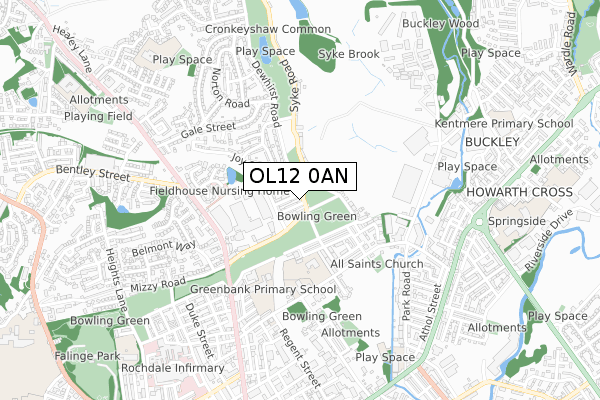 OL12 0AN map - small scale - OS Open Zoomstack (Ordnance Survey)