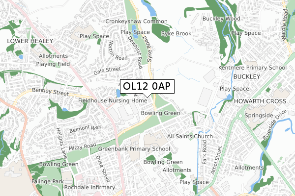 OL12 0AP map - small scale - OS Open Zoomstack (Ordnance Survey)