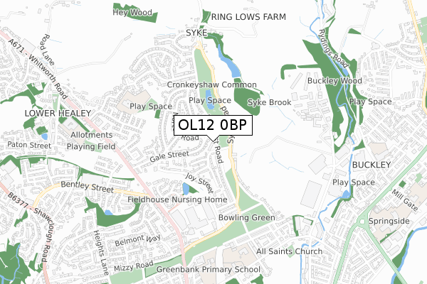 OL12 0BP map - small scale - OS Open Zoomstack (Ordnance Survey)