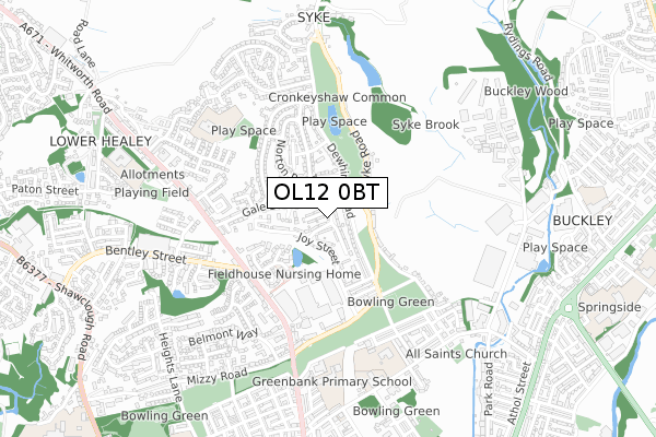 OL12 0BT map - small scale - OS Open Zoomstack (Ordnance Survey)