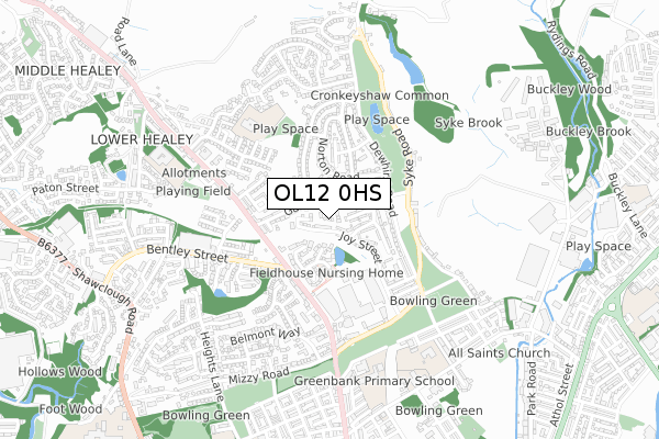 OL12 0HS map - small scale - OS Open Zoomstack (Ordnance Survey)