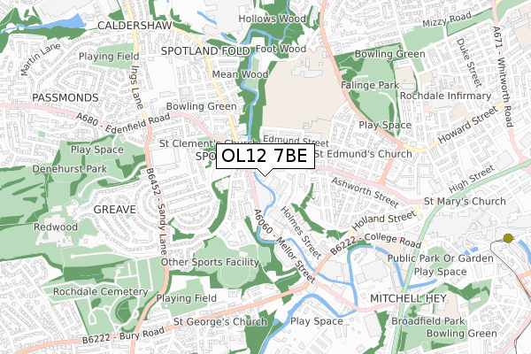 OL12 7BE map - small scale - OS Open Zoomstack (Ordnance Survey)