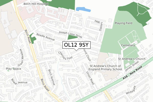 OL12 9SY map - large scale - OS Open Zoomstack (Ordnance Survey)