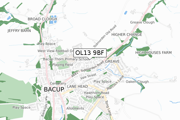 OL13 9BF map - small scale - OS Open Zoomstack (Ordnance Survey)