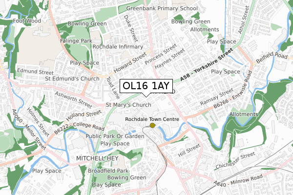 OL16 1AY map - small scale - OS Open Zoomstack (Ordnance Survey)