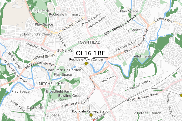 OL16 1BE map - small scale - OS Open Zoomstack (Ordnance Survey)