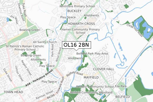 OL16 2BN map - small scale - OS Open Zoomstack (Ordnance Survey)