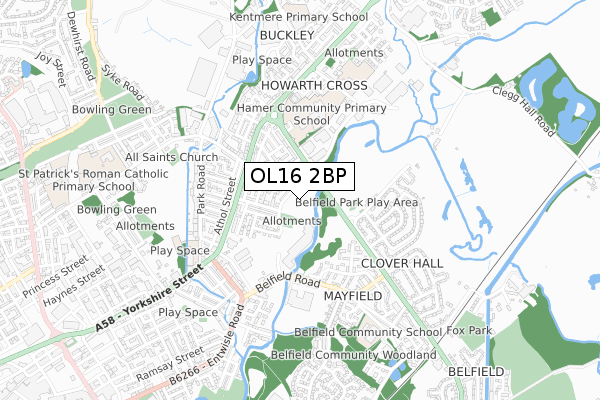 OL16 2BP map - small scale - OS Open Zoomstack (Ordnance Survey)