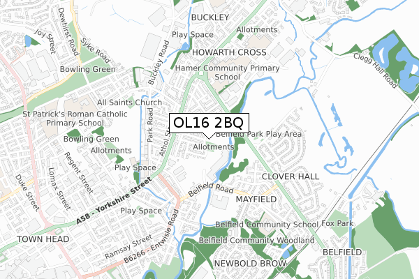 OL16 2BQ map - small scale - OS Open Zoomstack (Ordnance Survey)