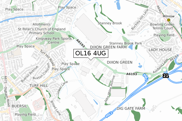 OL16 4UG map - small scale - OS Open Zoomstack (Ordnance Survey)