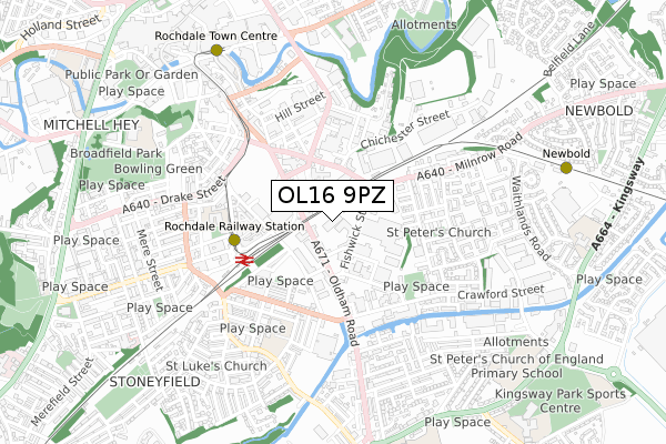 OL16 9PZ map - small scale - OS Open Zoomstack (Ordnance Survey)