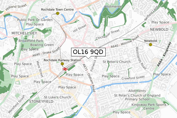 OL16 9QD map - small scale - OS Open Zoomstack (Ordnance Survey)