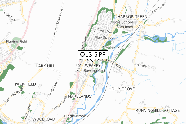 OL3 5PF map - small scale - OS Open Zoomstack (Ordnance Survey)