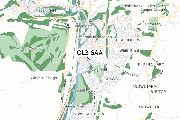 OL3 6AA map - small scale - OS Open Zoomstack (Ordnance Survey)