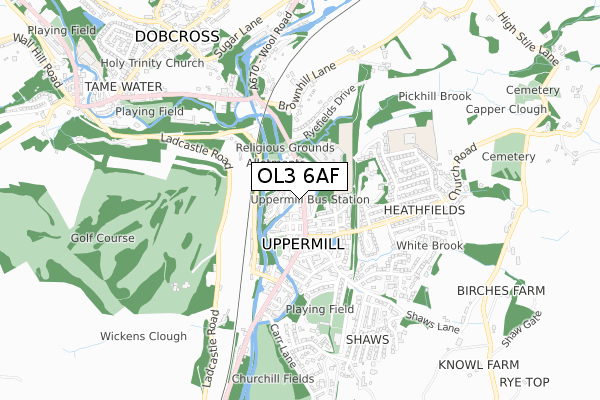 OL3 6AF map - small scale - OS Open Zoomstack (Ordnance Survey)