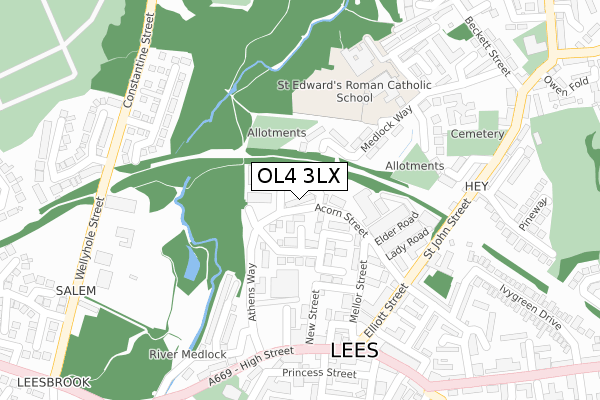 OL4 3LX map - large scale - OS Open Zoomstack (Ordnance Survey)