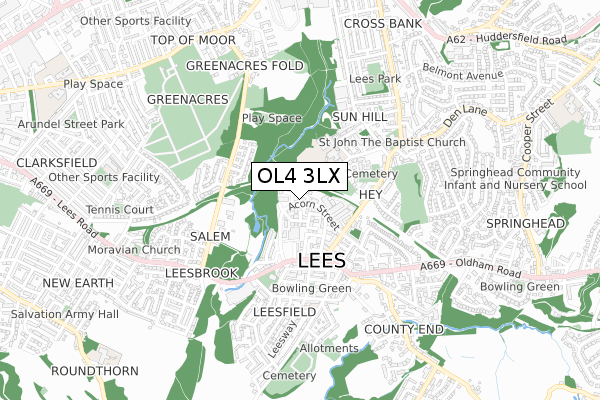 OL4 3LX map - small scale - OS Open Zoomstack (Ordnance Survey)