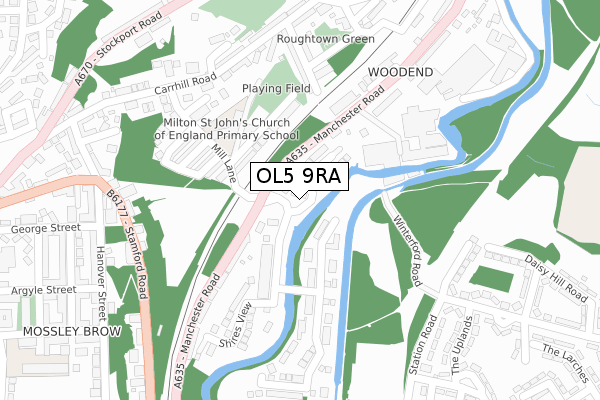 OL5 9RA map - large scale - OS Open Zoomstack (Ordnance Survey)