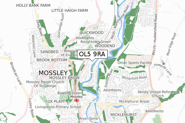 OL5 9RA map - small scale - OS Open Zoomstack (Ordnance Survey)