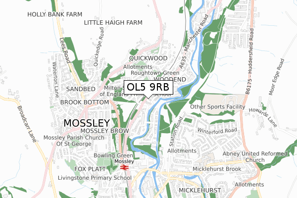 OL5 9RB map - small scale - OS Open Zoomstack (Ordnance Survey)