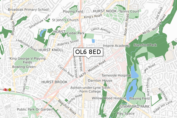 OL6 8ED map - small scale - OS Open Zoomstack (Ordnance Survey)