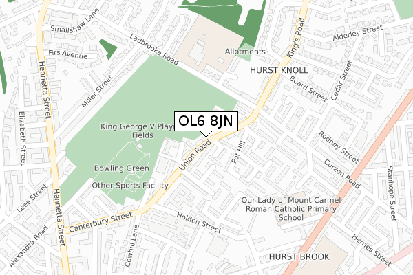 OL6 8JN map - large scale - OS Open Zoomstack (Ordnance Survey)