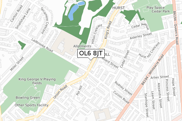 OL6 8JT map - large scale - OS Open Zoomstack (Ordnance Survey)