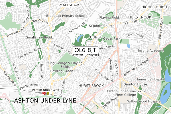 OL6 8JT map - small scale - OS Open Zoomstack (Ordnance Survey)