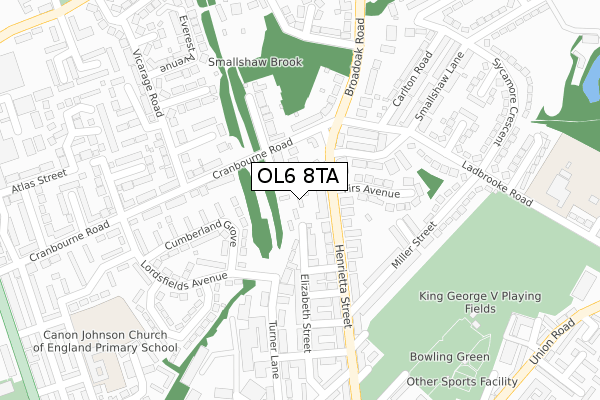 OL6 8TA map - large scale - OS Open Zoomstack (Ordnance Survey)