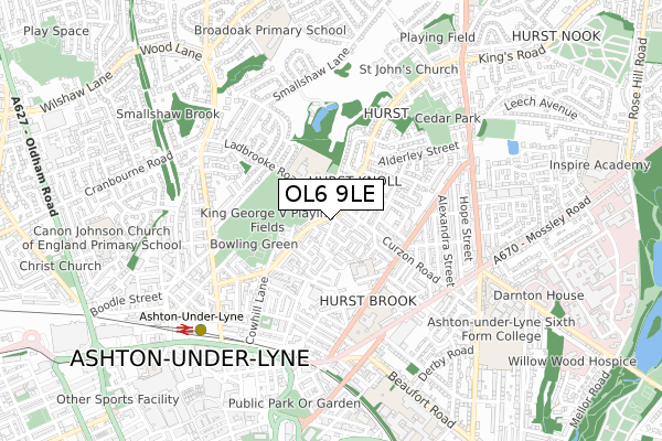 OL6 9LE map - small scale - OS Open Zoomstack (Ordnance Survey)