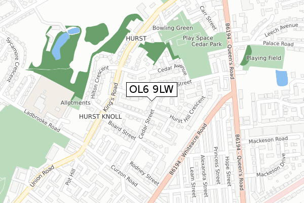 OL6 9LW map - large scale - OS Open Zoomstack (Ordnance Survey)