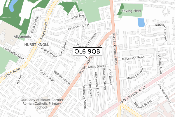 OL6 9QB map - large scale - OS Open Zoomstack (Ordnance Survey)