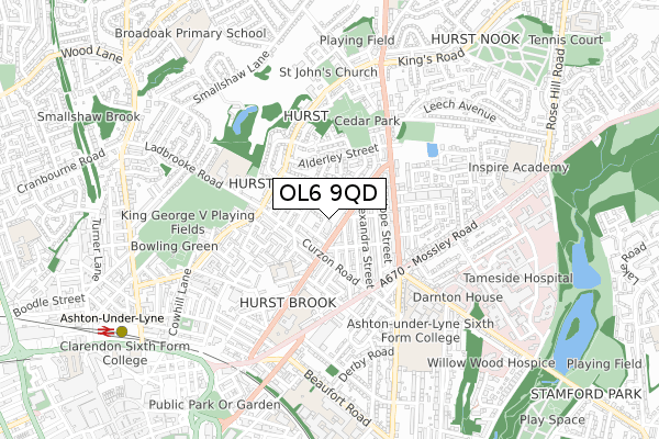 OL6 9QD map - small scale - OS Open Zoomstack (Ordnance Survey)