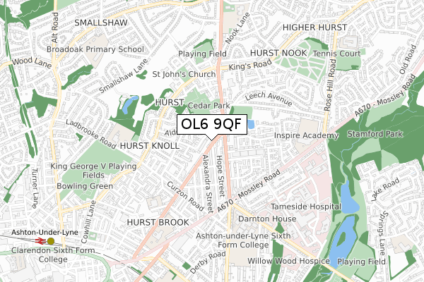 OL6 9QF map - small scale - OS Open Zoomstack (Ordnance Survey)