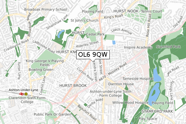 OL6 9QW map - small scale - OS Open Zoomstack (Ordnance Survey)