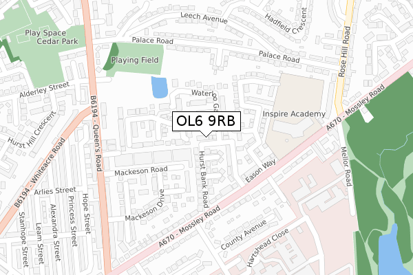 OL6 9RB map - large scale - OS Open Zoomstack (Ordnance Survey)