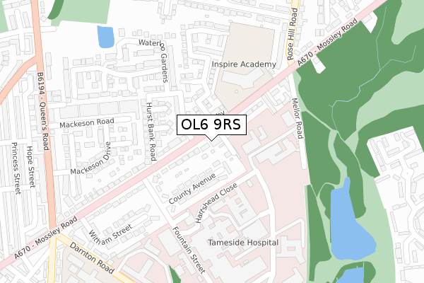 OL6 9RS map - large scale - OS Open Zoomstack (Ordnance Survey)