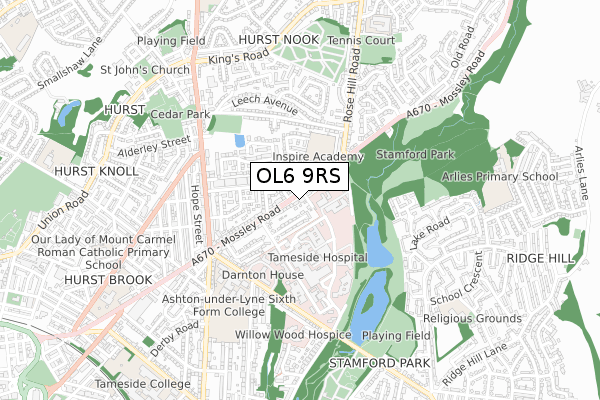 OL6 9RS map - small scale - OS Open Zoomstack (Ordnance Survey)