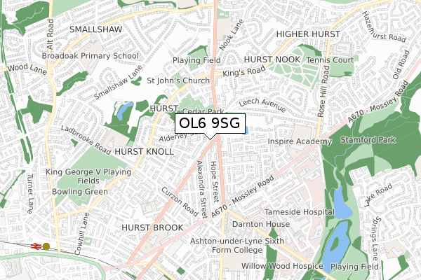 OL6 9SG map - small scale - OS Open Zoomstack (Ordnance Survey)