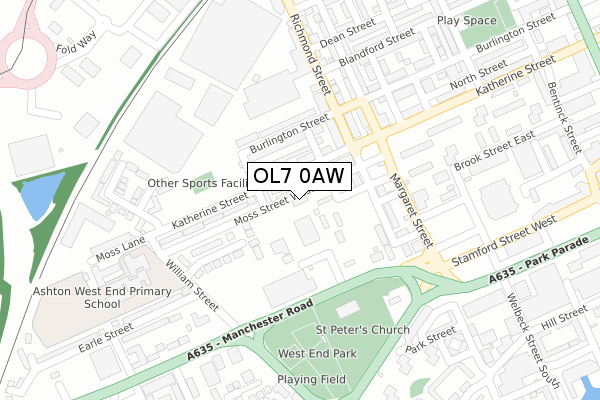 OL7 0AW map - large scale - OS Open Zoomstack (Ordnance Survey)