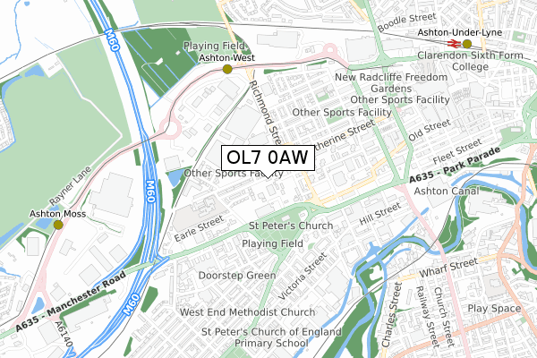 OL7 0AW map - small scale - OS Open Zoomstack (Ordnance Survey)