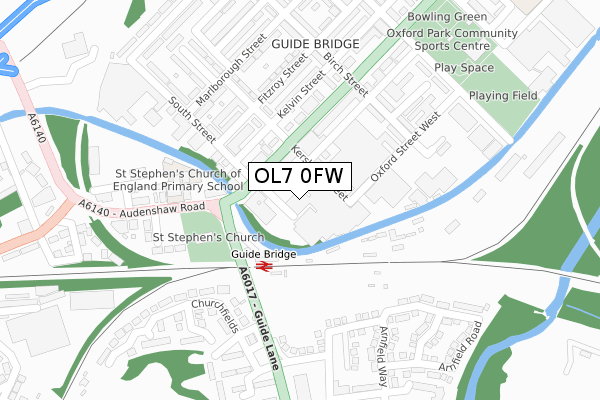 OL7 0FW map - large scale - OS Open Zoomstack (Ordnance Survey)