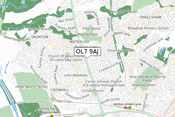 OL7 9AJ map - small scale - OS Open Zoomstack (Ordnance Survey)