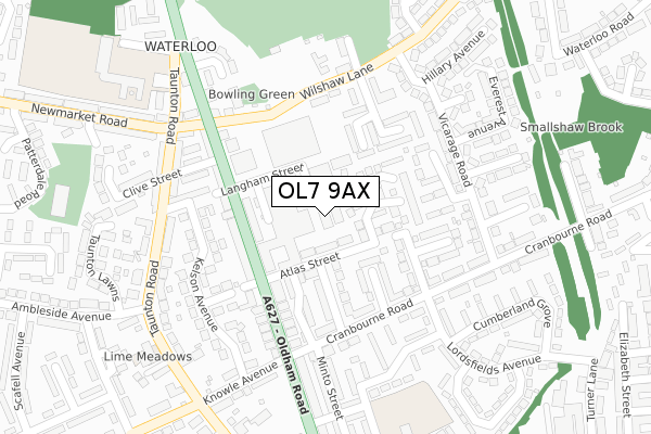 OL7 9AX map - large scale - OS Open Zoomstack (Ordnance Survey)