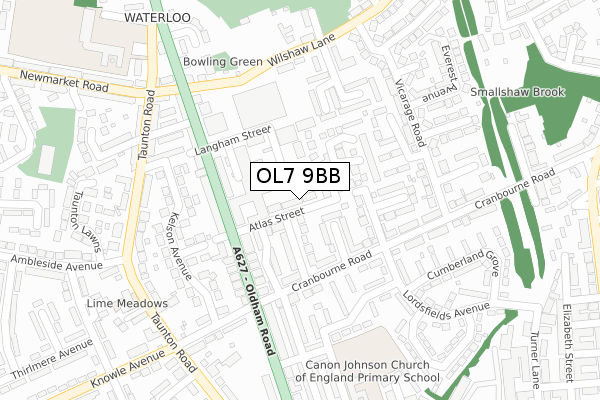 OL7 9BB map - large scale - OS Open Zoomstack (Ordnance Survey)