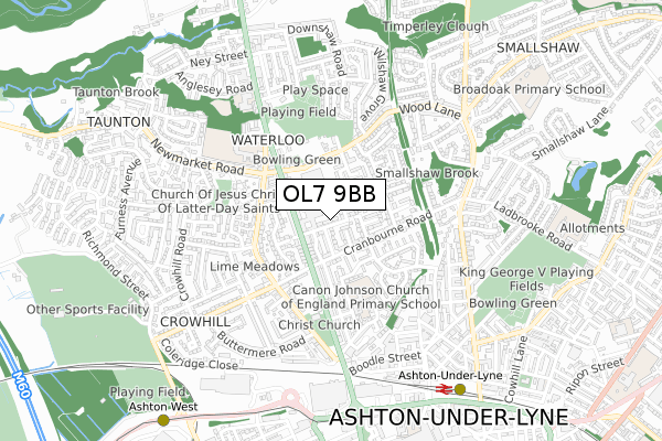 OL7 9BB map - small scale - OS Open Zoomstack (Ordnance Survey)