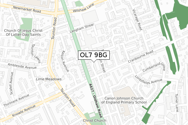 OL7 9BG map - large scale - OS Open Zoomstack (Ordnance Survey)