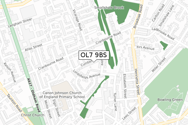 OL7 9BS map - large scale - OS Open Zoomstack (Ordnance Survey)